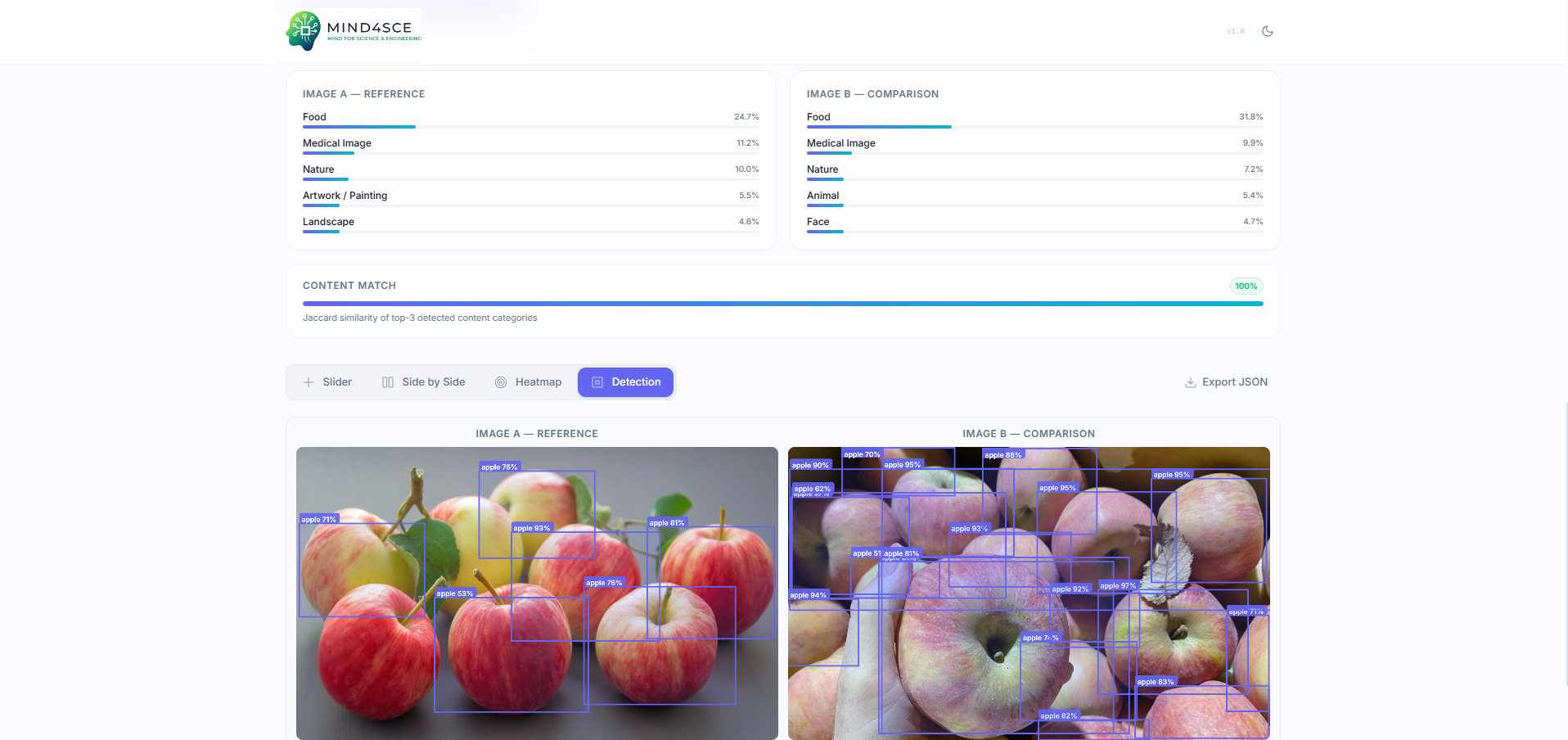 AI detection — Object detection and content classification results.