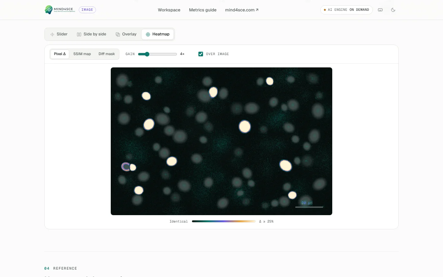 Heatmap — Pixel-level difference map overlaid on the image, with adjustable gain.