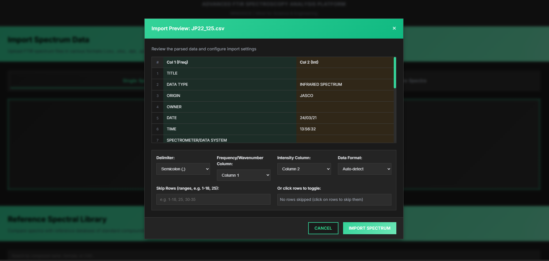 Import module — File upload supporting .csv, .xlsx, .dpt, .spc formats.