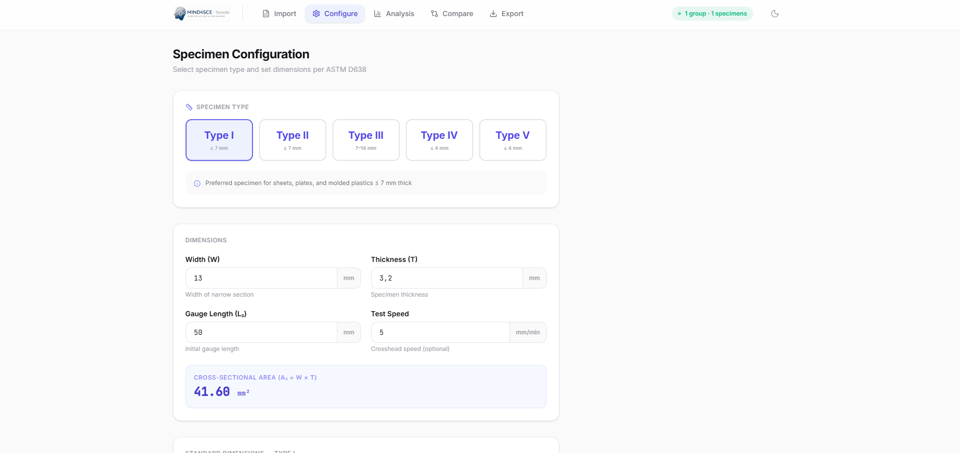 Configuration — Specimen geometry setup per ASTM D638 standard.